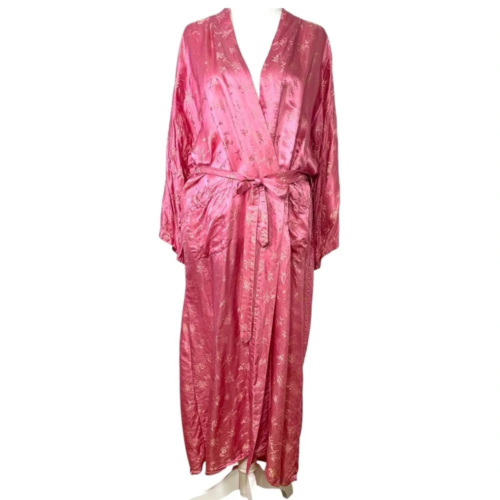 ESME Vintage Asian Oriental Embroidered Jacquard Long Silk Belted Kimono Robe M - Picture 2 of 16